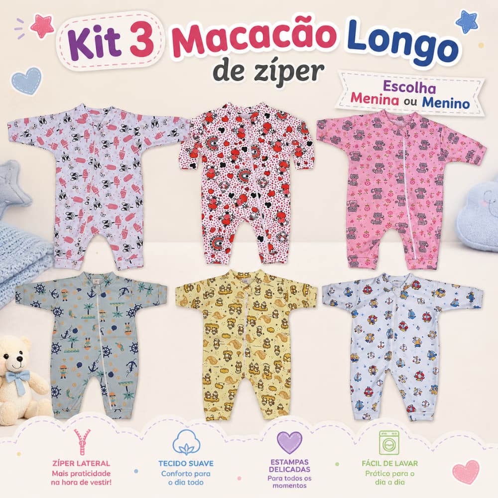 Kit 3 Macacão Bebê com Zíper Longo - Estampado 100% Algodão de Suedine P M G