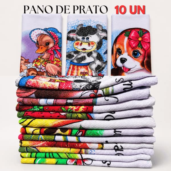 Pano de Prato Cozinha 10 Unidades 45x75cm Bainha Estampado 100% Enxugante