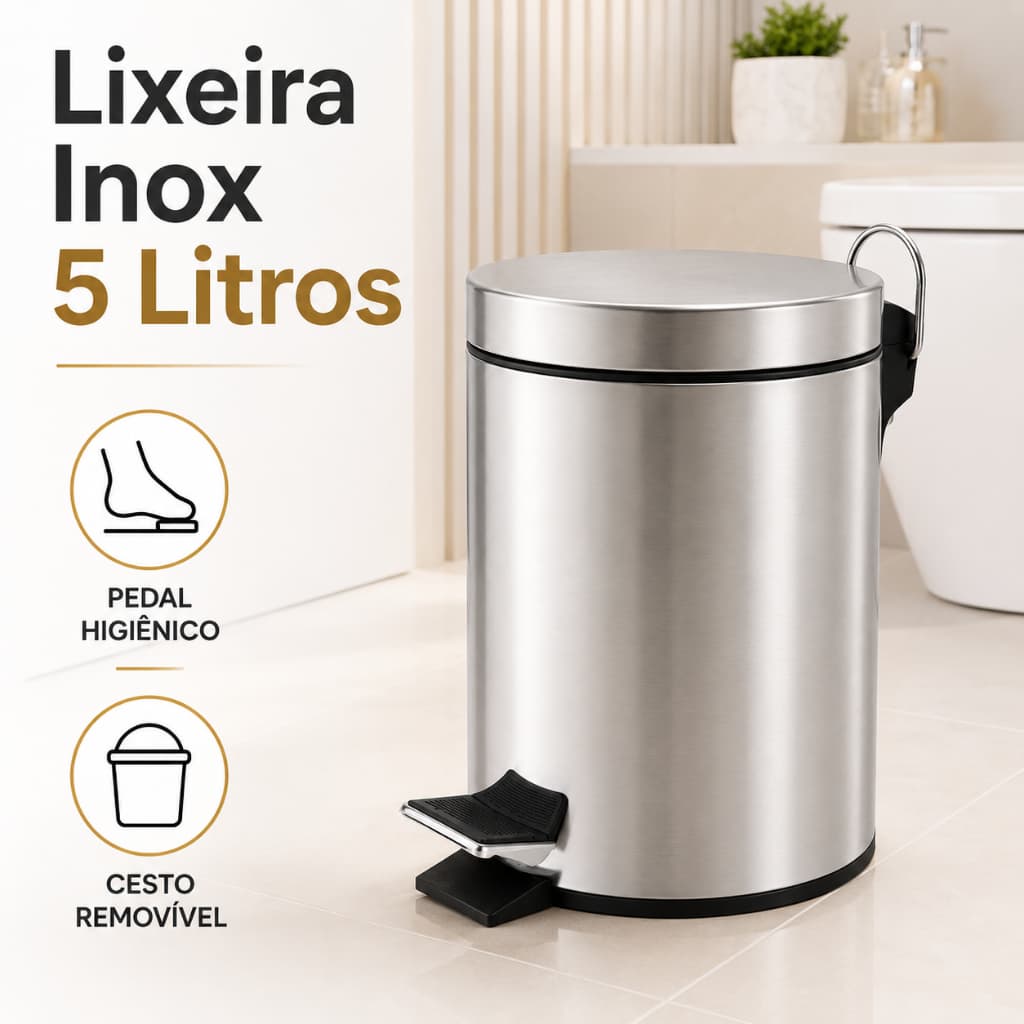 Lixeira Inox 5 Litros com Pedal e Cesto Removível para Banheiro Lavabo Cozinha Escritório e Lavanderia