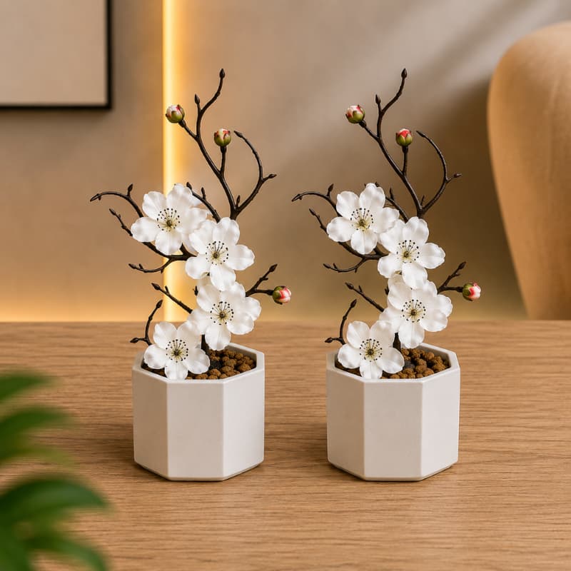 Kit 2 Vasos Octogonais para Plantas Decorativos em Gesso Branco