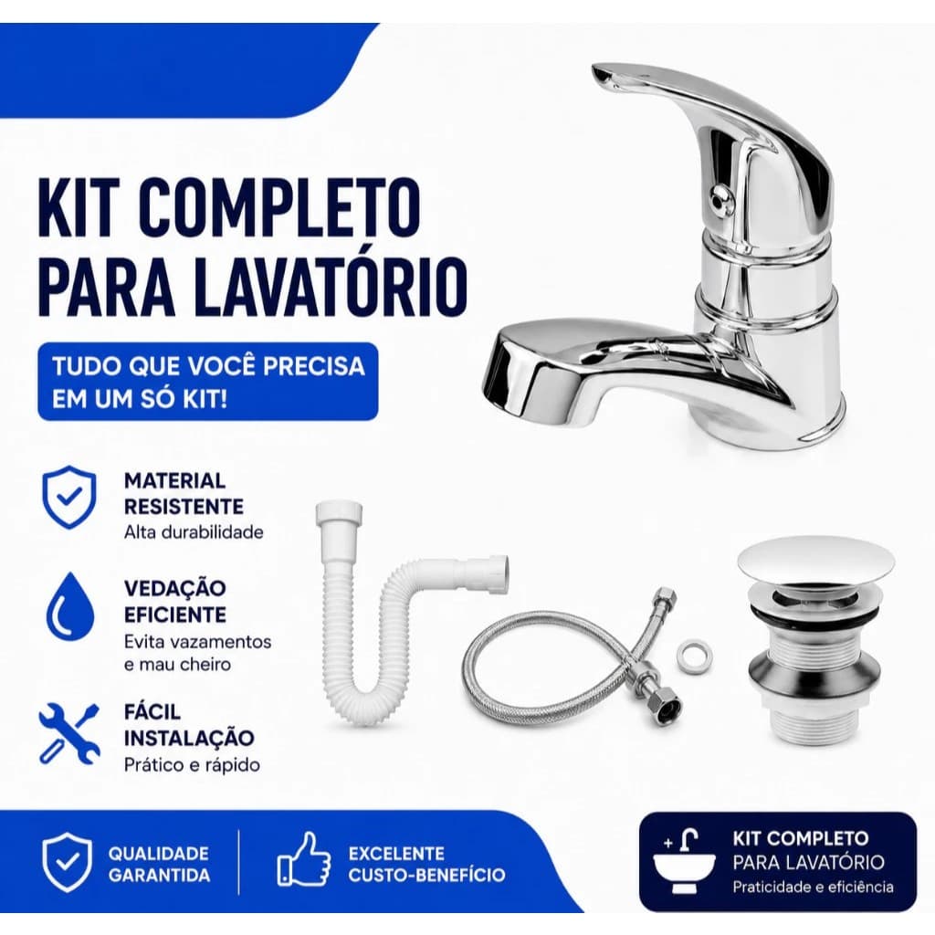 Kit Torneira Banheiro Bancada Abs Cromado + Válvula 7/8 Cromada + Engate 40cm + Sifão Branco