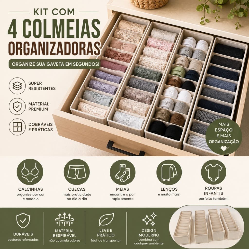 Kit com 4 Colmeias Organizadoras Super-Resistentes para Calcinhas, Cuecas e Meias (12cm x 40cm x 10cm)
