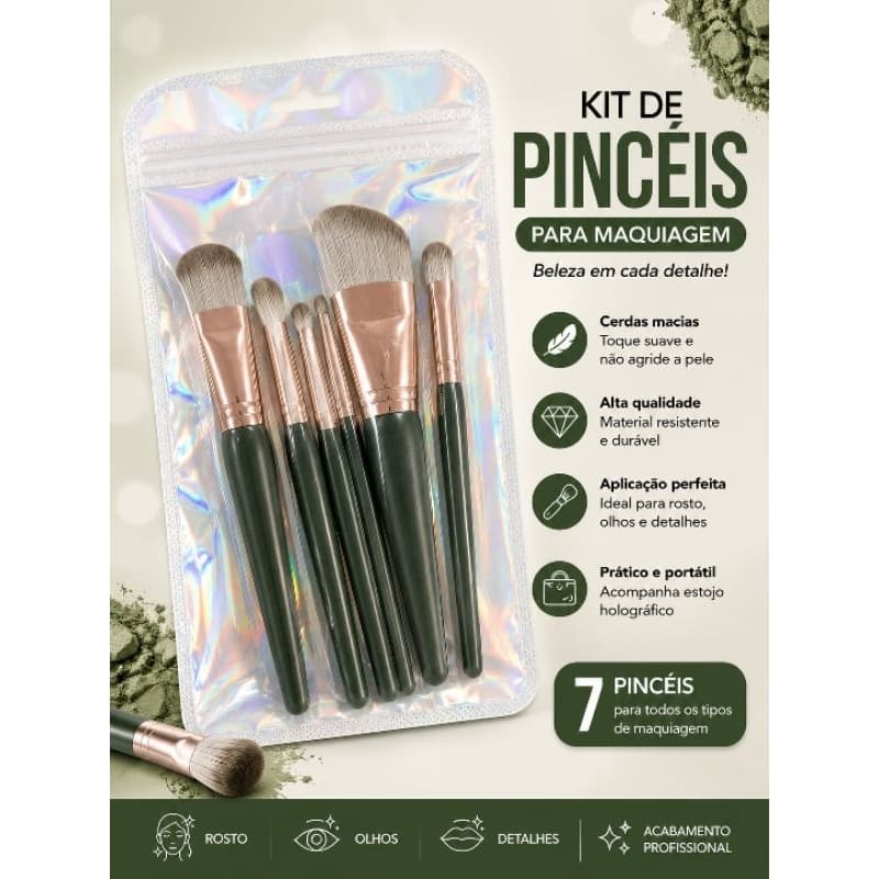 Kit 7 Pincéis para Maquiagem Profissional com Estojo Holográfico – Macios para Base, Pó, Blush e Olhos