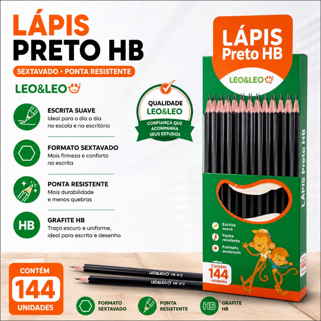 Lápis Preto HB Leo&Leo Sextavado Original Ponta Resistente
