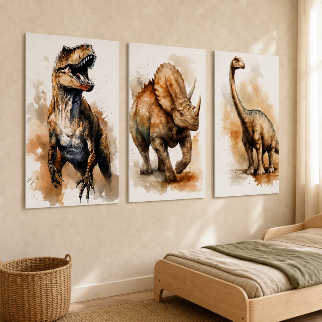 3 Quadros Dinossauros - Velociraptor, Triceratops e Brachiosaurus em Arte Educativa Infantil