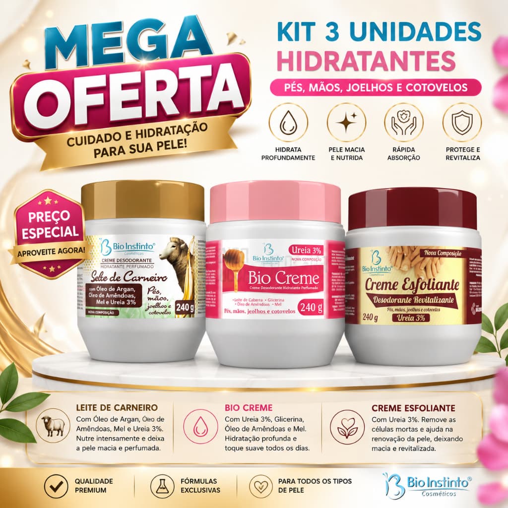 Kit 3 unid Sebo Argan 240g + Bio Creme 240g + Creme Esfoliante 240 Bio Instinto