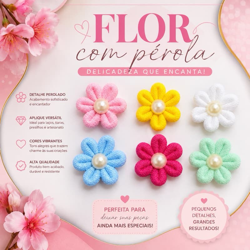 Flor Prensada de Tecido com Pérola para Artesanato | Aplique Floral Costura Criativa Scrapbook