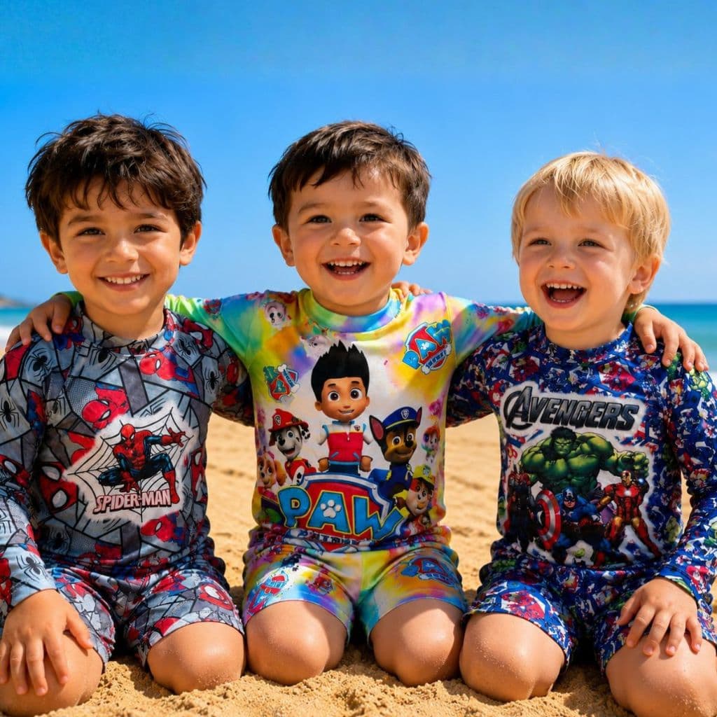 Roupa de Praia Infantil Menino Herói | Roupa de Banho Infantil | Roupa de Piscina Blusa + Sunga Infantil