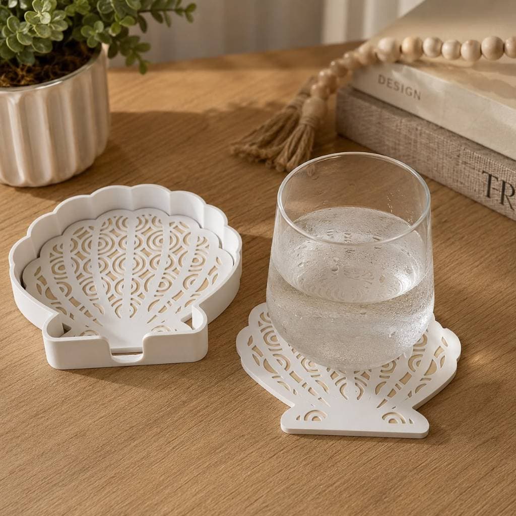 Conjunto 4/ 6 /8 Porta-Copos Design de Conchas com Suporte Decorativo | Ideal Para Cozinha, Apoio de Copos e Mesa Posta