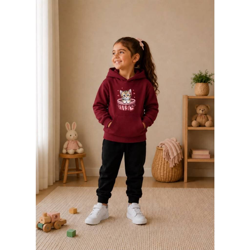 Conjunto Calça E Blusa E Capuz Confortavel Canguru Infantil Premium Várias Cores Estampa Gatinho Fofo Cesta