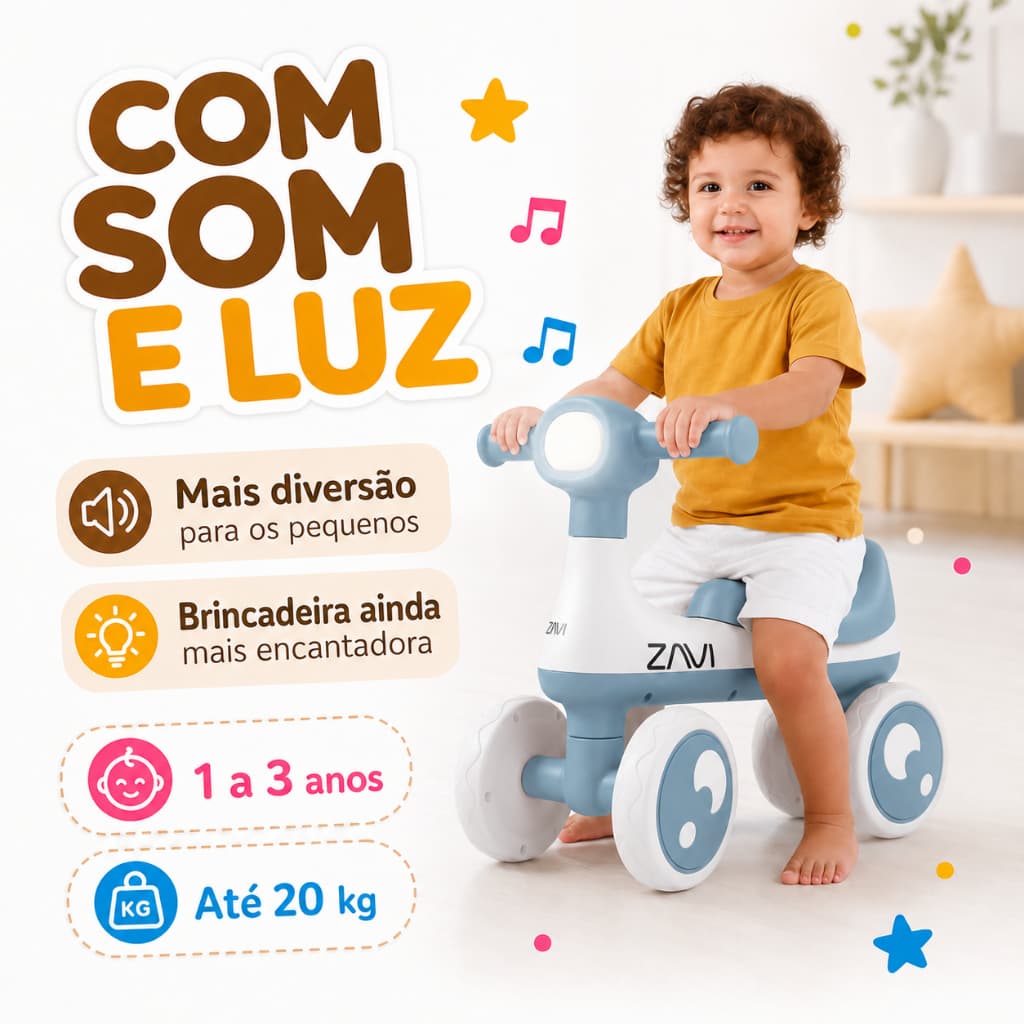 Motinha Infantil De Equilíbrio 4 Rodas Com Som E Luz Até 20kg 1 A 3 Anos Zavi