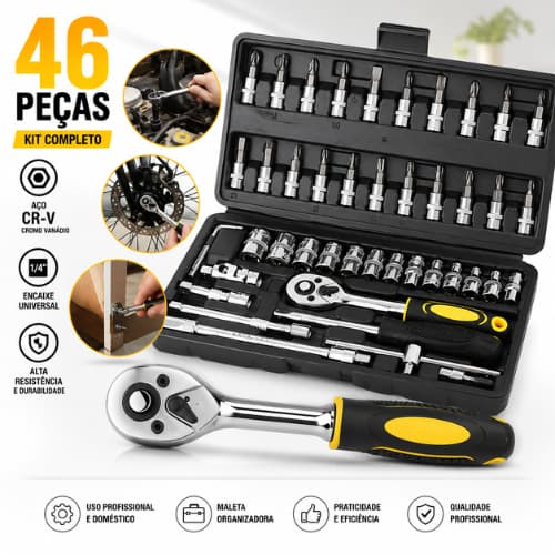 Jogo De Soquetes Catraca 46 Peças 1/4 Cr-V Kit Chaves Profissional Com Maleta Oficina Mecânica Bits Automotivo Completos