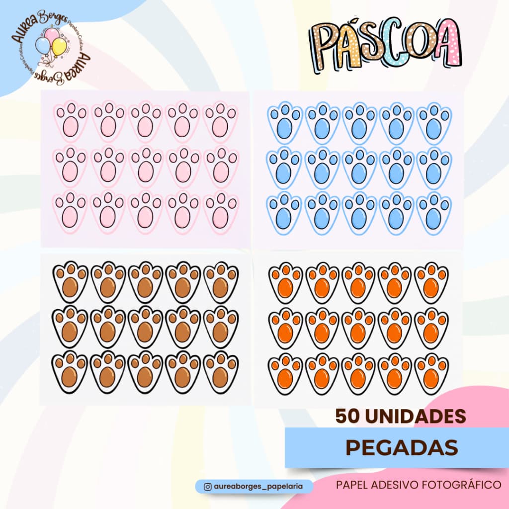 Kit Adesivo Pegadas de Coelho Páscoa 50 Unidades Decoração Caça aos Ovos Infantil