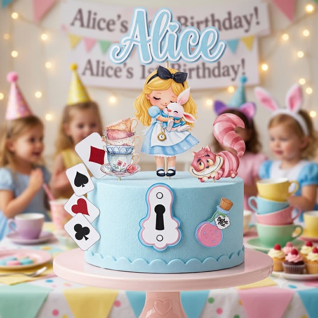 Topo de Bolo Alice no País das Maravilhas Personalizado com Nome | Decoração Festa Infantil Menina | Tema Encantado