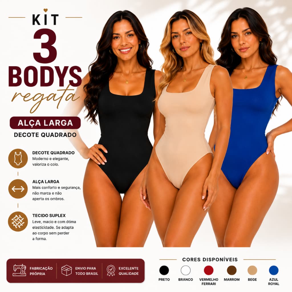 Kit 3 Body Regata Feminino Decote Quadrado Alça Larga Body Suplex Casual Elegante Básico