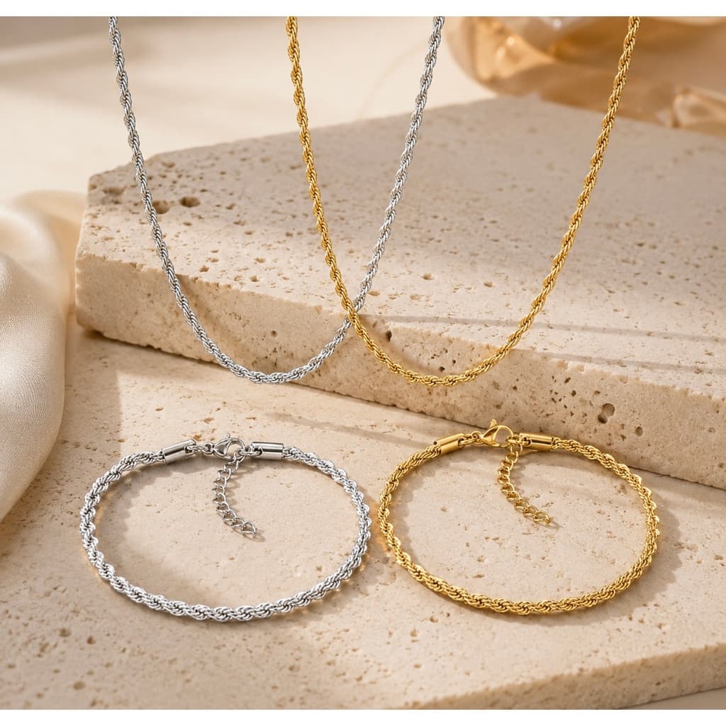 Corrente Torcida 2,5mm 60cm + Pulseira Aço 316L, Não Escurece, Masculino e Feminino