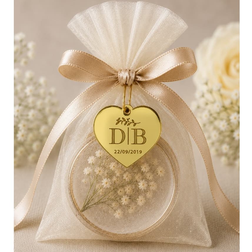 Tag Acrílico Espelhado Coração 2,5cm Personalizada para Casamento | Lembrancinha | Bem-Casado | Iniciais