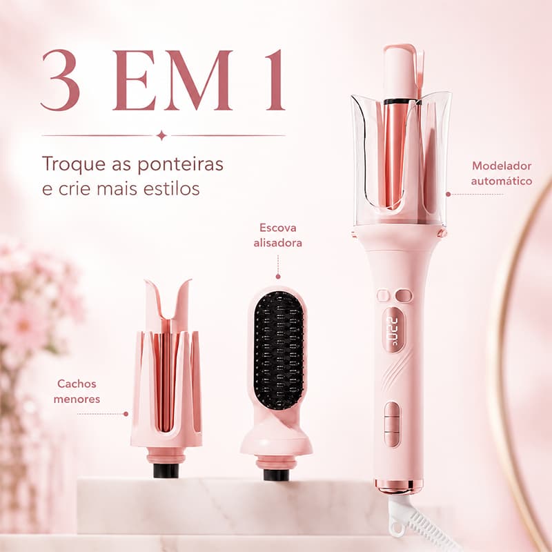 Modelador Automático de Cabelo 3 em 1 com Ponteiras Intercambiáveis, Display Digital para Cachos e Alisamento