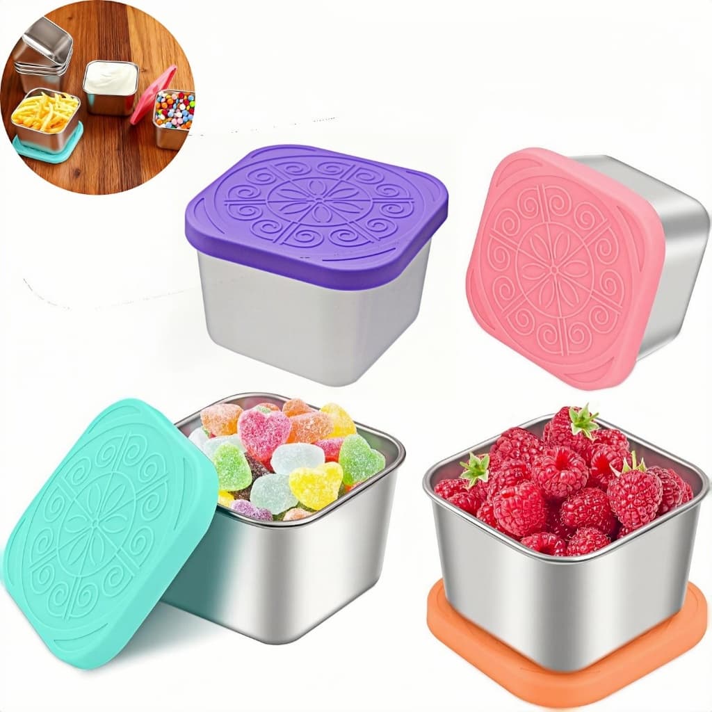 4pcs 180ml 304 Recipiente Para Salada De Aço Inoxidável Pequeno Condimentos Com Tampas Caixa À Prova De