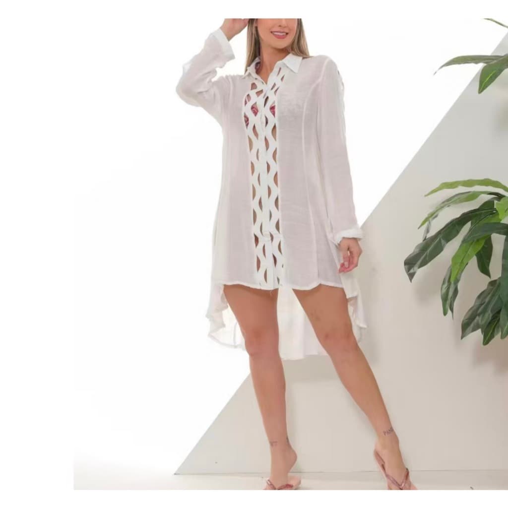 Saída de Praia Feminina Chemise Manga Longa Camisão Vazado Verão-1883