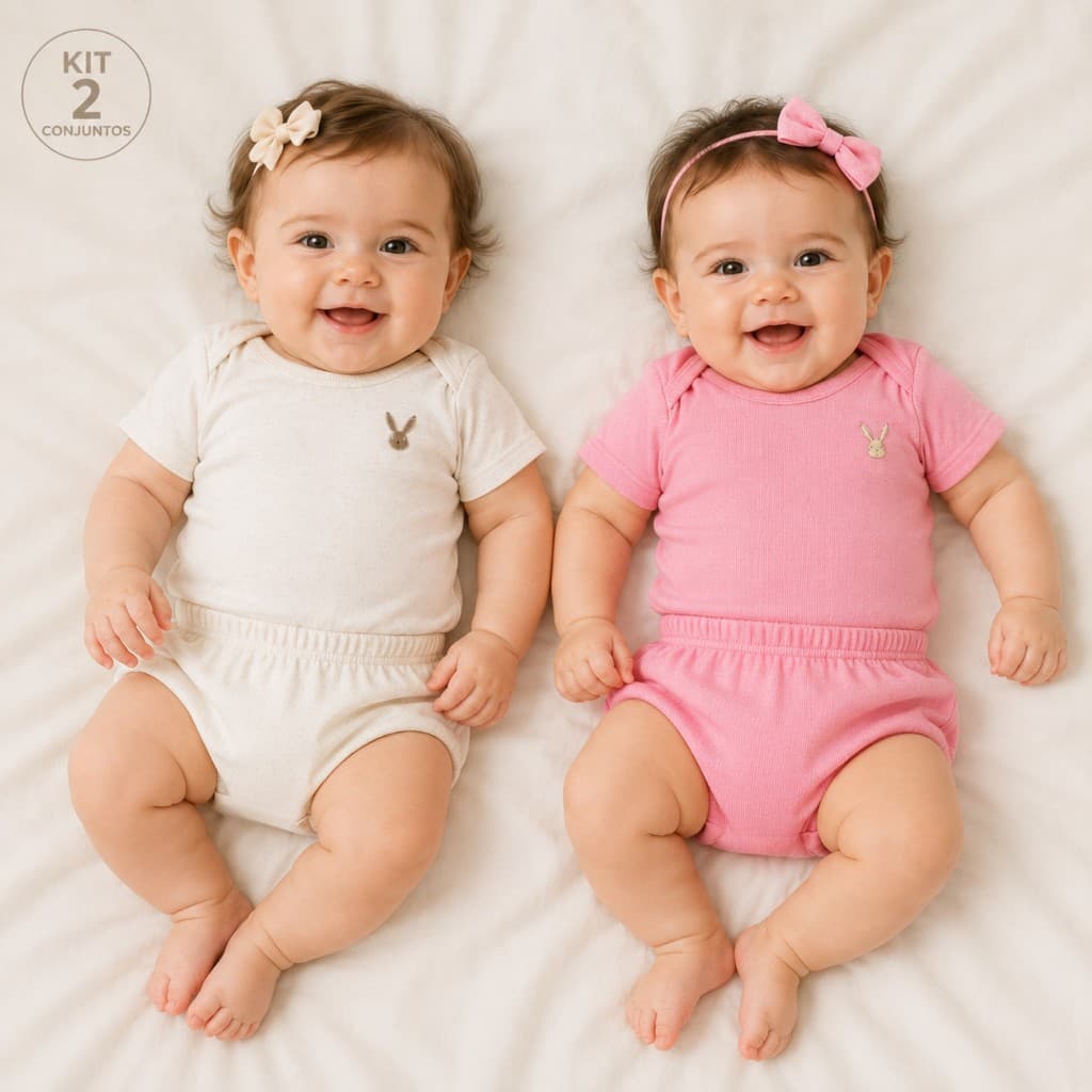 Kit 2 ou 4 Conjuntos Bebê Menina Body Manga Curta + Tapa Fralda Verão Sortidos P ao GG