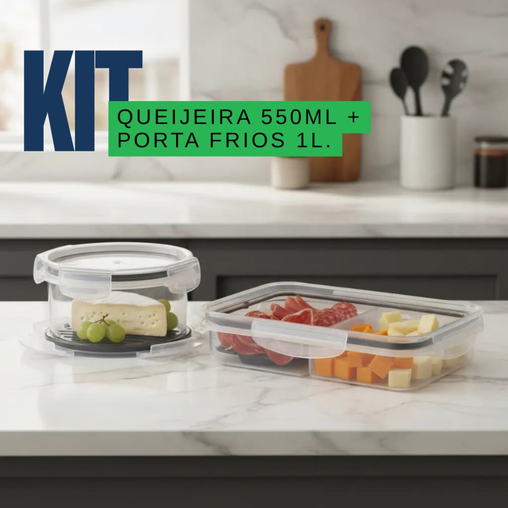 Queijeira 550ml + Porta frios 1L trava mais plasútil porta queijo minas organização cozinha kit armazenamento