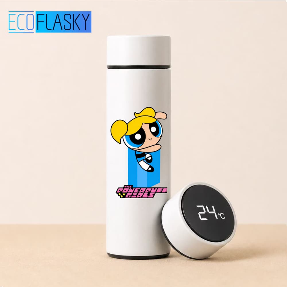 Garrafa Térmica de Água Infantil Aço Inoxidável Lindinha As Meninas Superpoderosas Termometro LED Digital Estampada