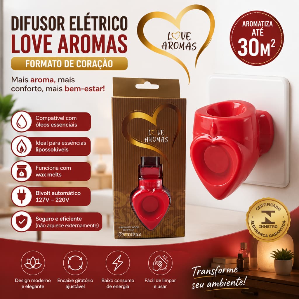 Difusor Elétrico Aromatizador Love Aromas Coração Bivolt para Óleos Essenciais, Essências e Wax Melts