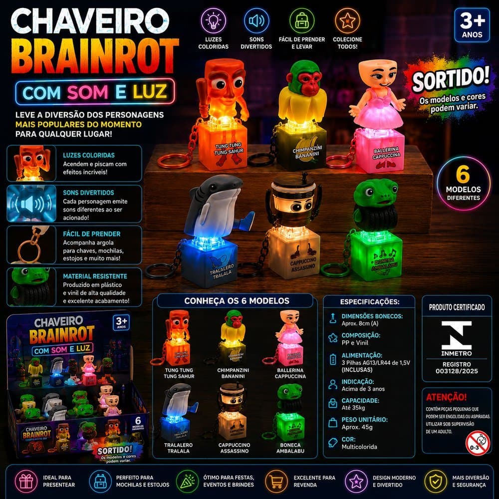 Chaveiros dos Brainrot com Luzes e Som dia das crianças