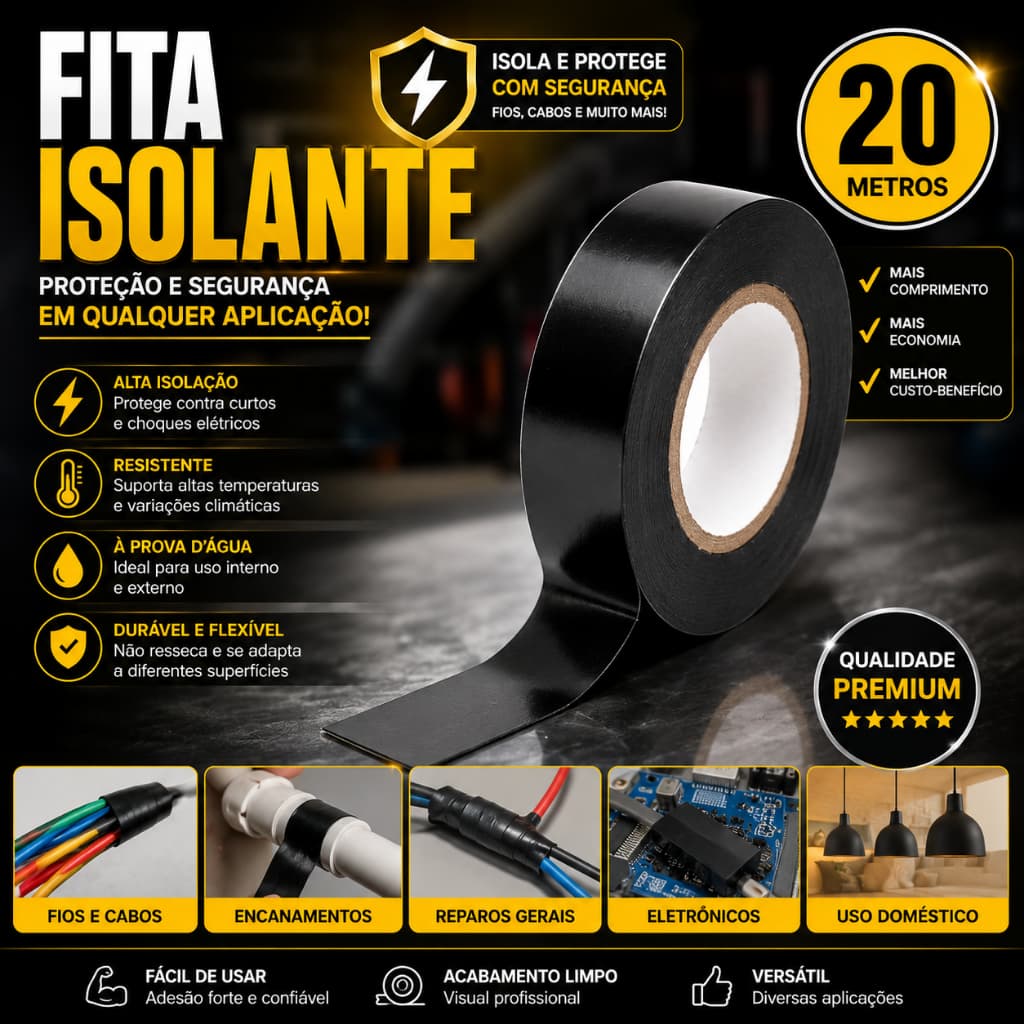 Fita Isolante Preta Antichamas 20 Metros Alta Resistência Elétrica Profissional PVC