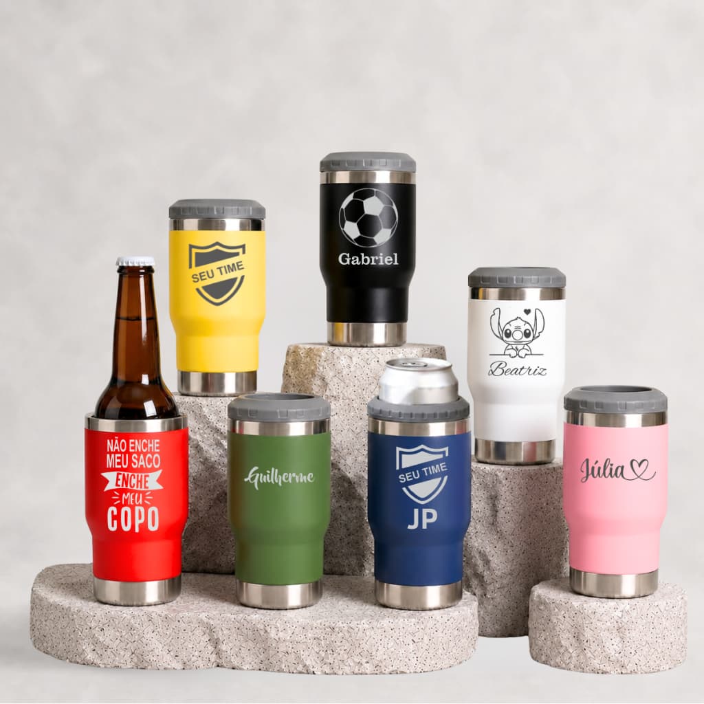 Copo Long Neck Personalizado 420ml 6 em 1 Porta 2 Tampas Latinha Lata Barrigudinha Cerveja Garrafa