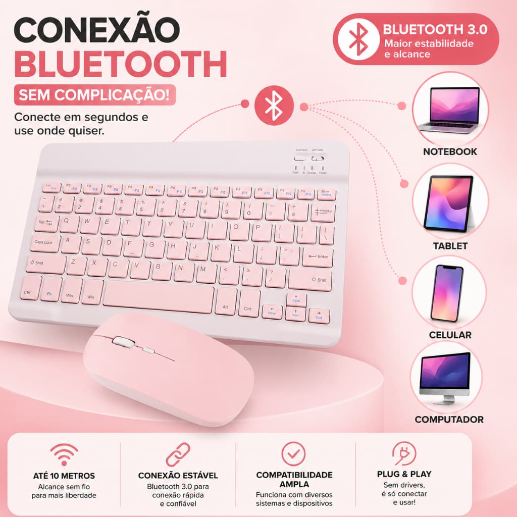 Kit Teclado e Mouse Bluetooth Sem Fio Rosa Recarregável para Notebook Tablet iPad Celular Compacto
