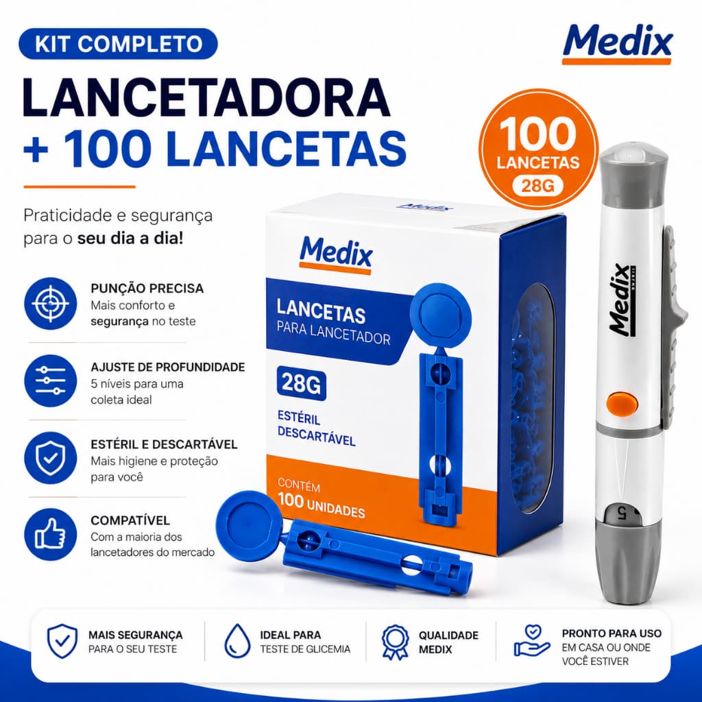 Kit Caneta Lancetadora + 100 Lancetas 28g Furar Dedo Indolor Glicemia Controle Insulina ENVIO NO MESMO DIA UTIL