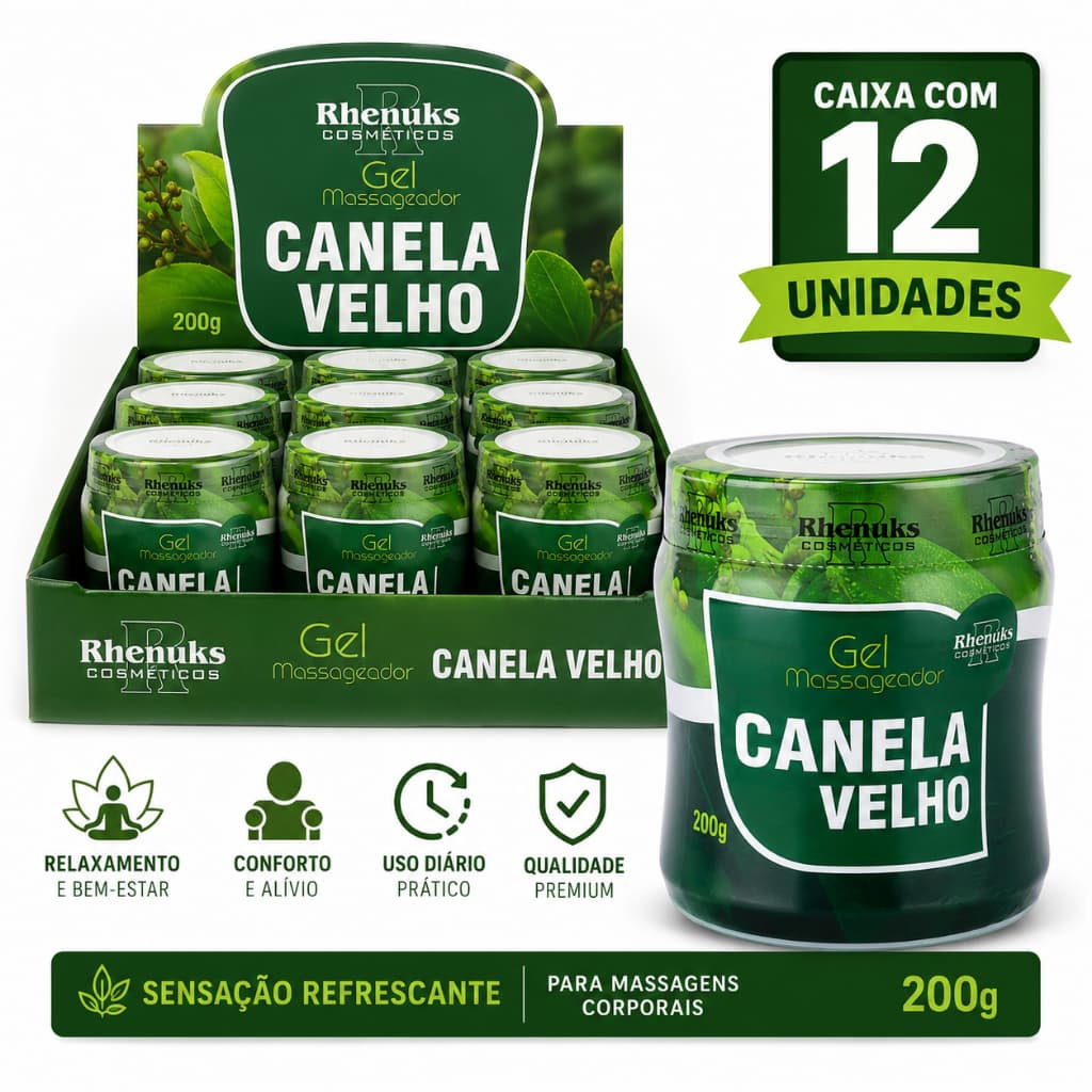 Kit 12 Gel Massageador Canela De Velho Rhenuks 200g Alívio Dores E Tensão Atacado