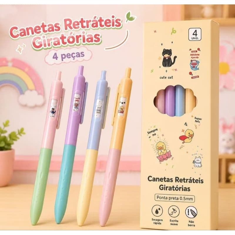Kit Com 4 Canetas Retrátil em Gel Kawaii Fofas 0.5mm Escrita Macia para Escola| Presente COR PRETA