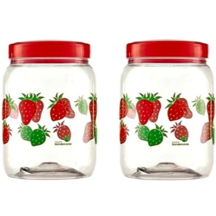 Potes Herméticos Porta Mantimentos 1 Litro Morango com Tampa para Cozinha Pote de Biscoito Plástico