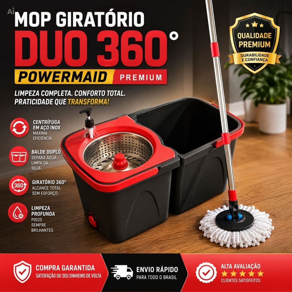 Mop Balde Duplo 13L Powermaid Centrífuga Aço Inox Dispenser de Produto Limpeza Rápida Profissional