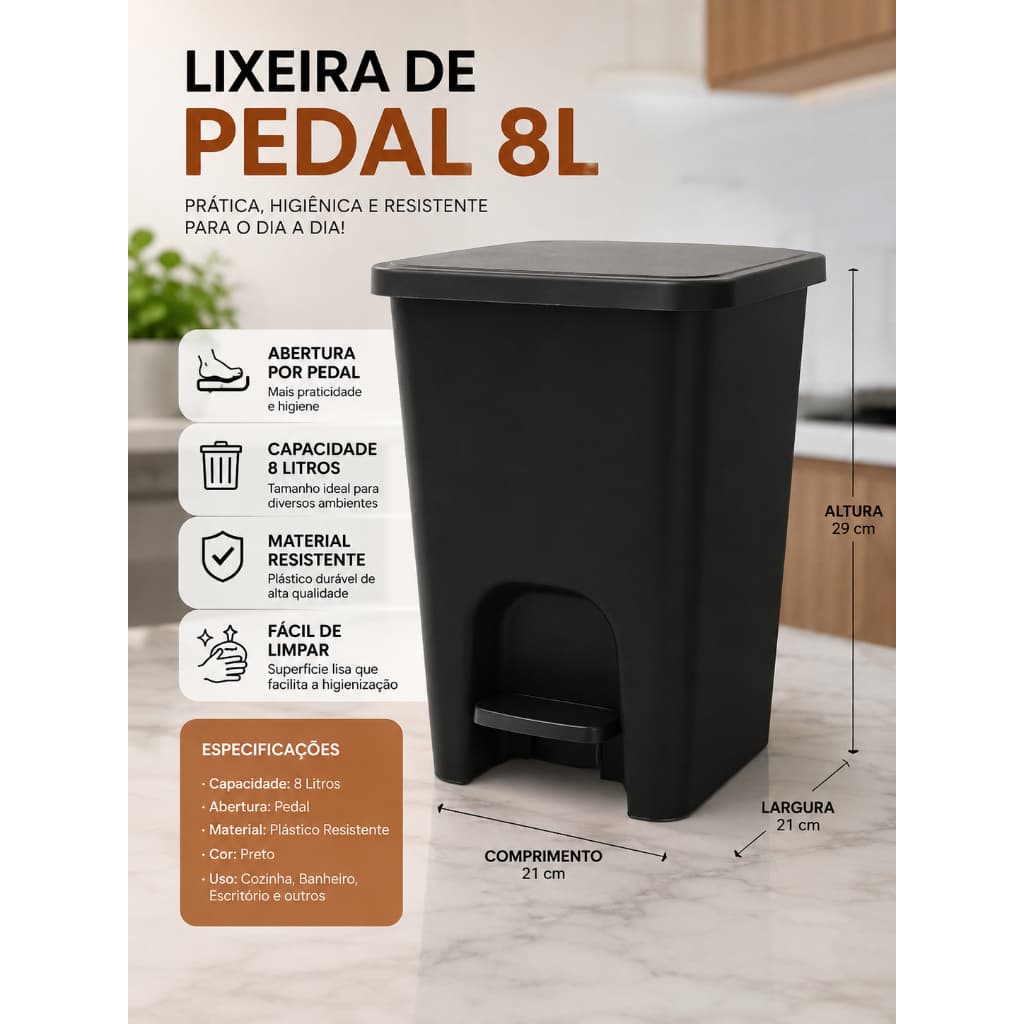 Lixeira de Pedal Preta 8L com Tampa – Lixeira para Banheiro, Cozinha e Escritório