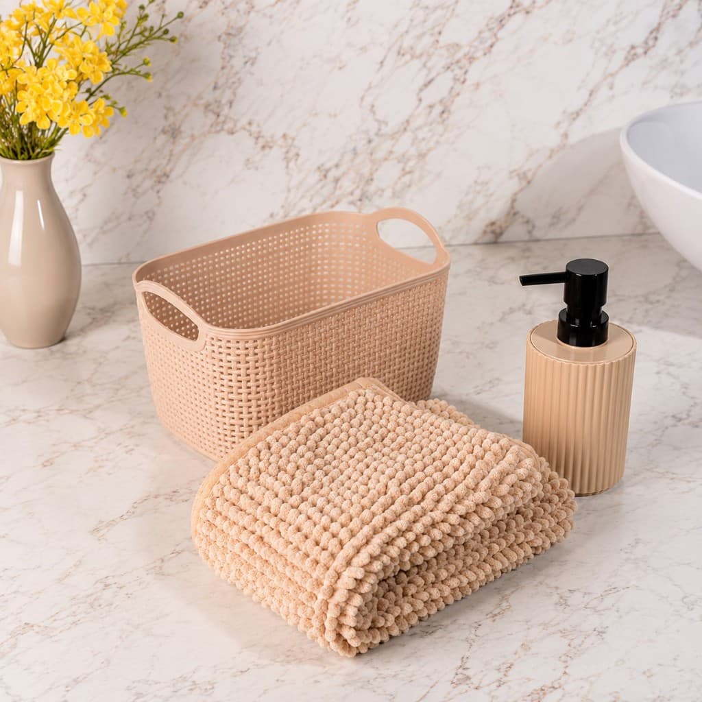 Conjunto Banheiro Lavabo 3 peças: Porta sabonete liquido, cesta organizadora e tapete antiderrapante/ organização