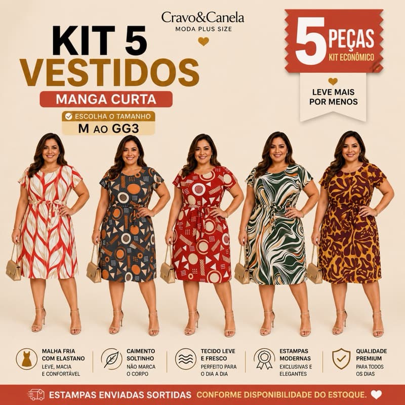 kit 5 Vestidos Feminino Estampado Manga Curta Malha Fria com Elastano Soltinho M ao GG3