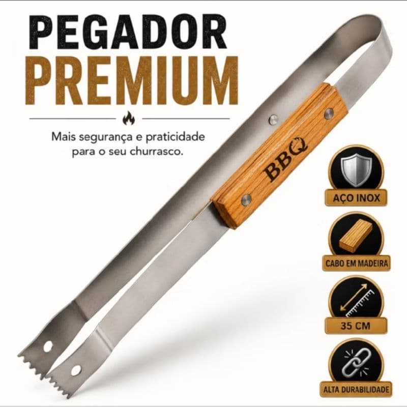 Pegador De Carne Inox Para Churrasco Com Cabo De Madeira 35cm Pinça Utensílio Churrasqueiro Profissional