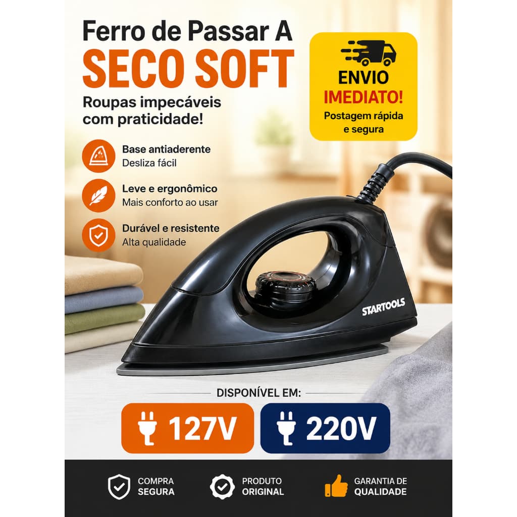 Ferro de Passar A Seco Soft 1000W 127V/220V para Roupas com Base Cerâmica Antiaderente Leve
