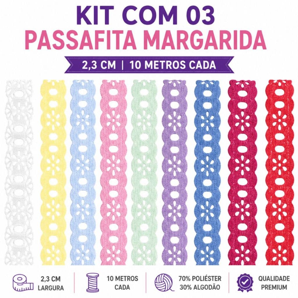 Kit 03 Passa Fita Margarida Ultrassonico , bordado 2,3 cm 30 metros ,acabamento para toalhas de banho, pano de prato