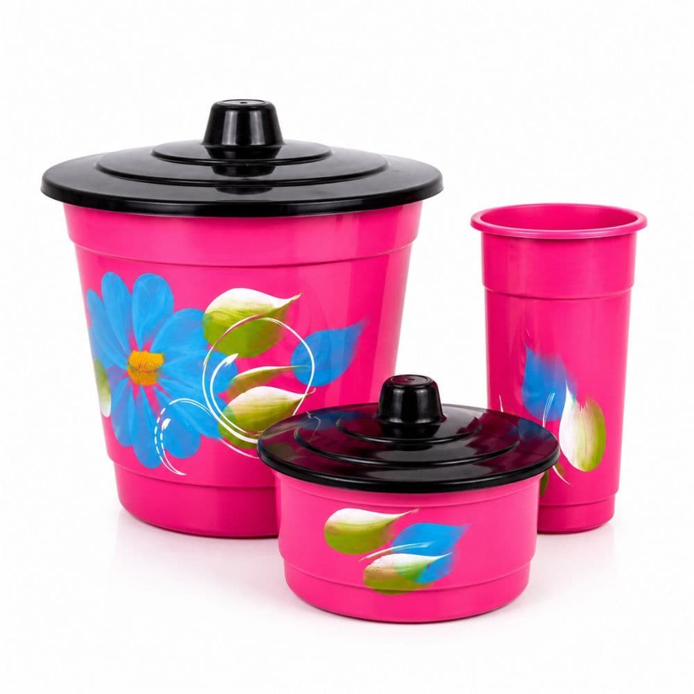 Kit Pia Cozinha 3 Peças Rosa Estampado Porta Detergente Lixeira e Porta Sabão Organizador de Pia