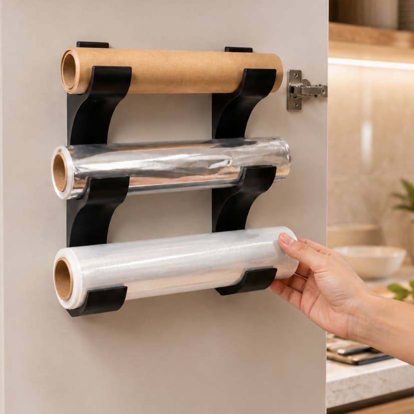 Suporte Organizador Multiuso para Rolos de Cozinha Papel Alumínio Filme PVC com Fita Dupla Face