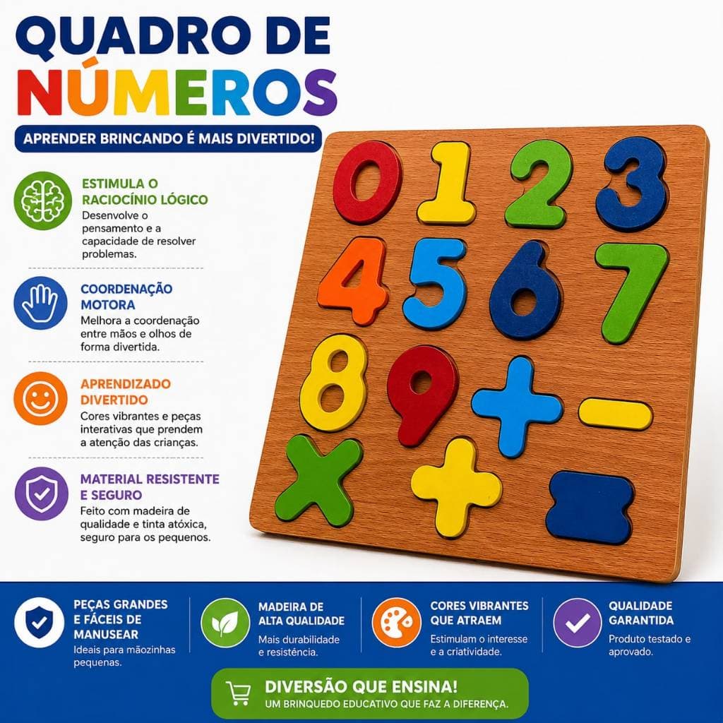 Kit Tabuleiro Educativo Montessoriano de Madeira - Números e formas | Brinquedo Pedagógico Infantil