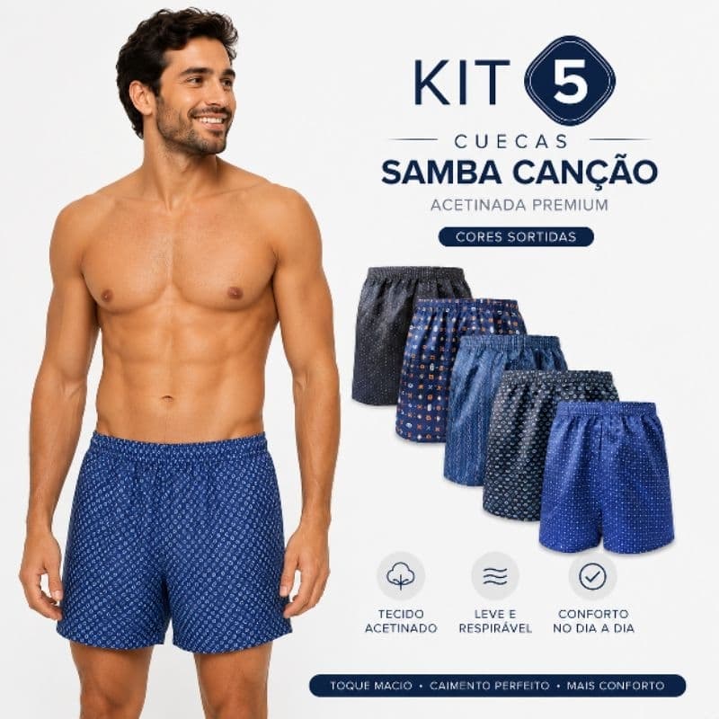 Kit 5 Cuecas Samba Canção Acetinada Linha Premium  Cores Multicoloridas