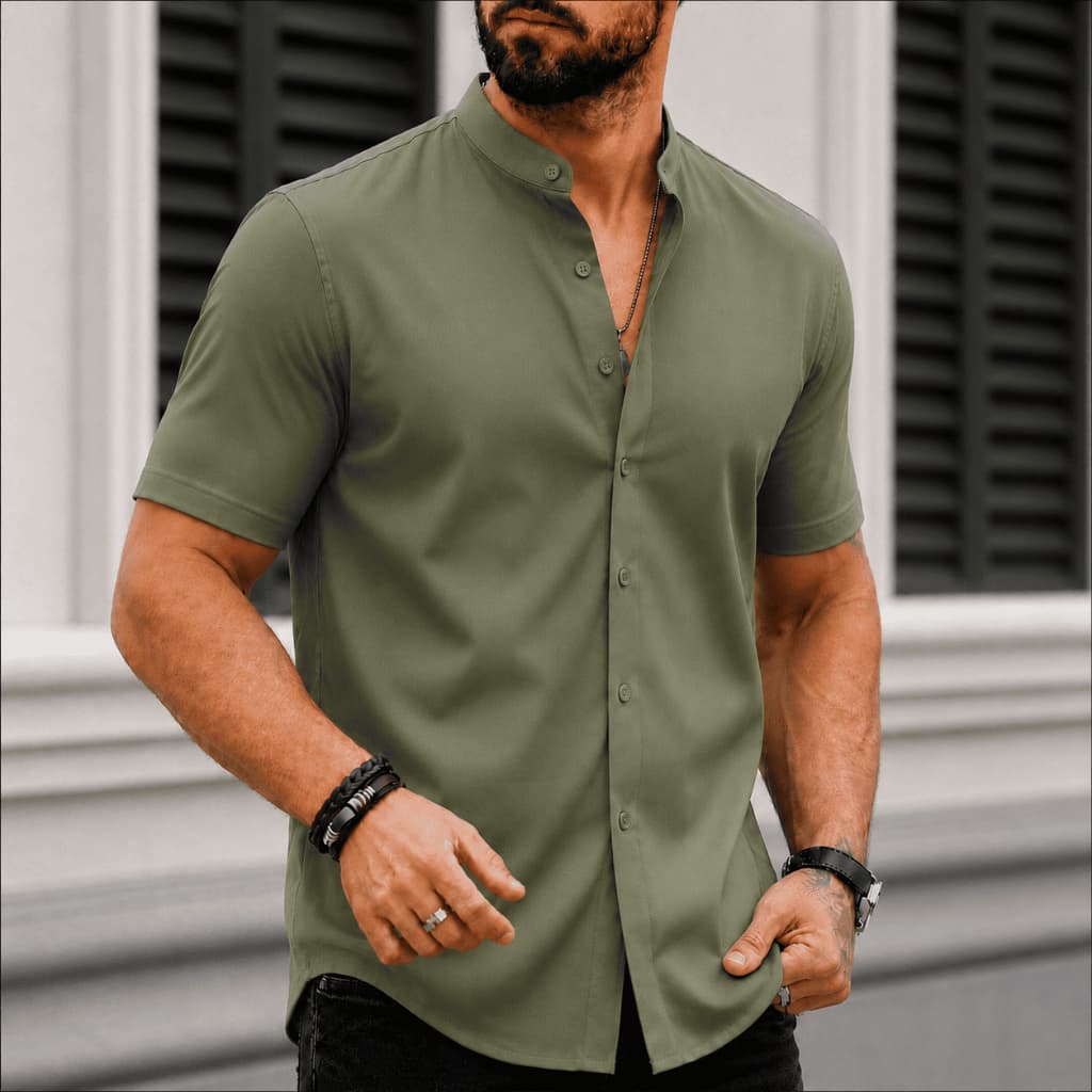Camisa Social Masculina Gola Padre Manga Curta - Modelagem Slim, Tecido Durável, Acabamento de Qualidade