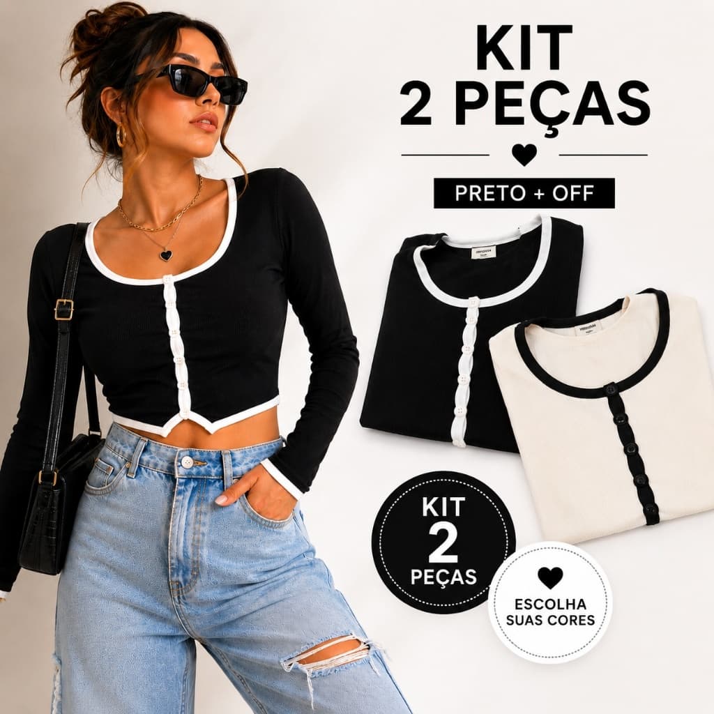 KIt De 2 Blusa Feminina Cropped Manga Longa Canelada Com Botões Frontais Croped Moda Inverno Premium Blusinha