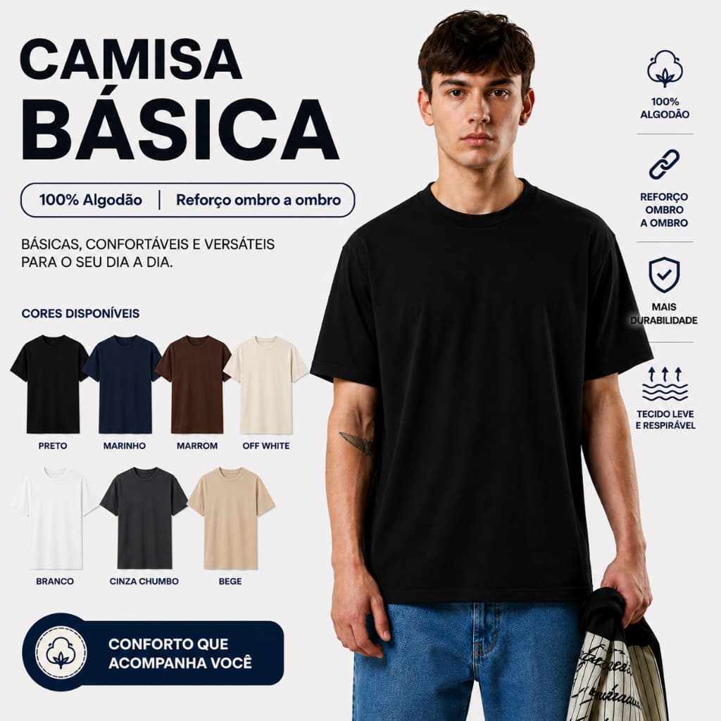 Camisetas Básicas Masculina 100% Algodão Cores Tendência Reforço Ombro a Ombro - Camiseta Masculina Moda Casual